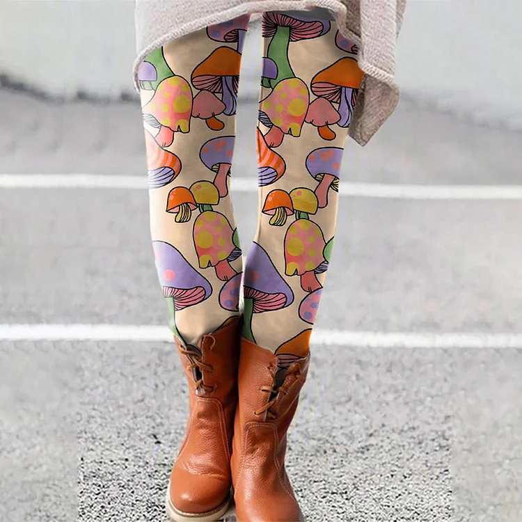 Hippie Colorful Mushroom Print Leggings