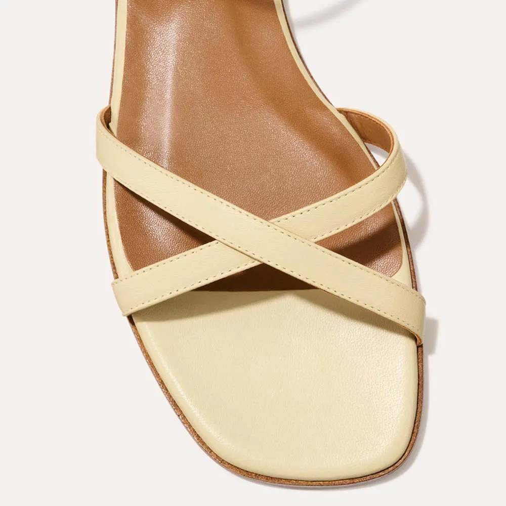 Light Yellow Open Square Toe Ankle Strap Flat Sandals for Women