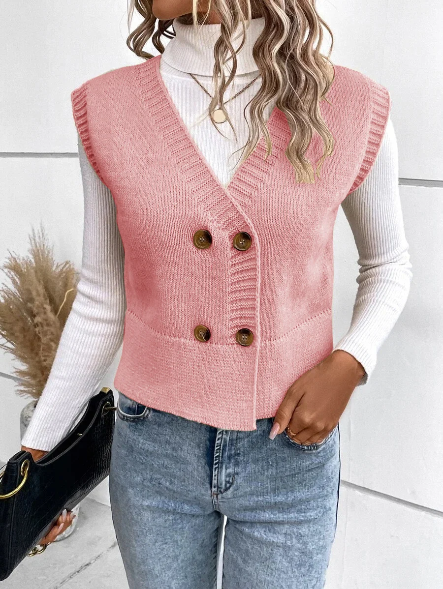 Wongn Wongn Knit Vest V-Neck Button Casual Sweater Double Breasted Women's Cardigan