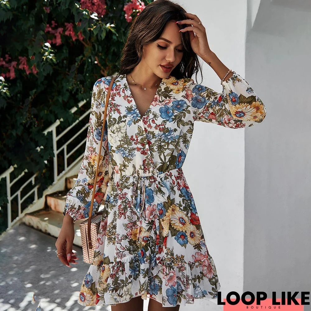 V-Neck Long Sleeve Chiffon Printed Dress