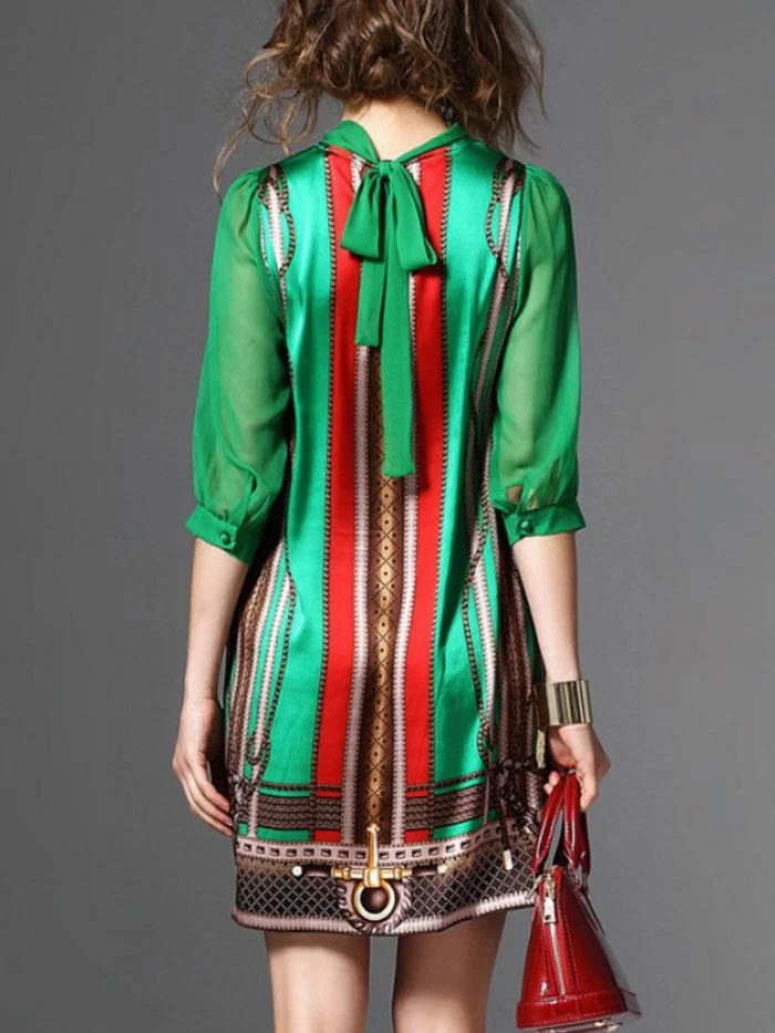 Women's new retro striped printed imitation silk dress