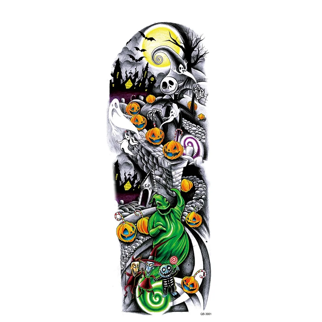 Large Arm Sleeve Tattoo Pumpkin Bats Waterproof Temporary Tatto Sticker Skull Body Art Full Fake Tatoo Women Men