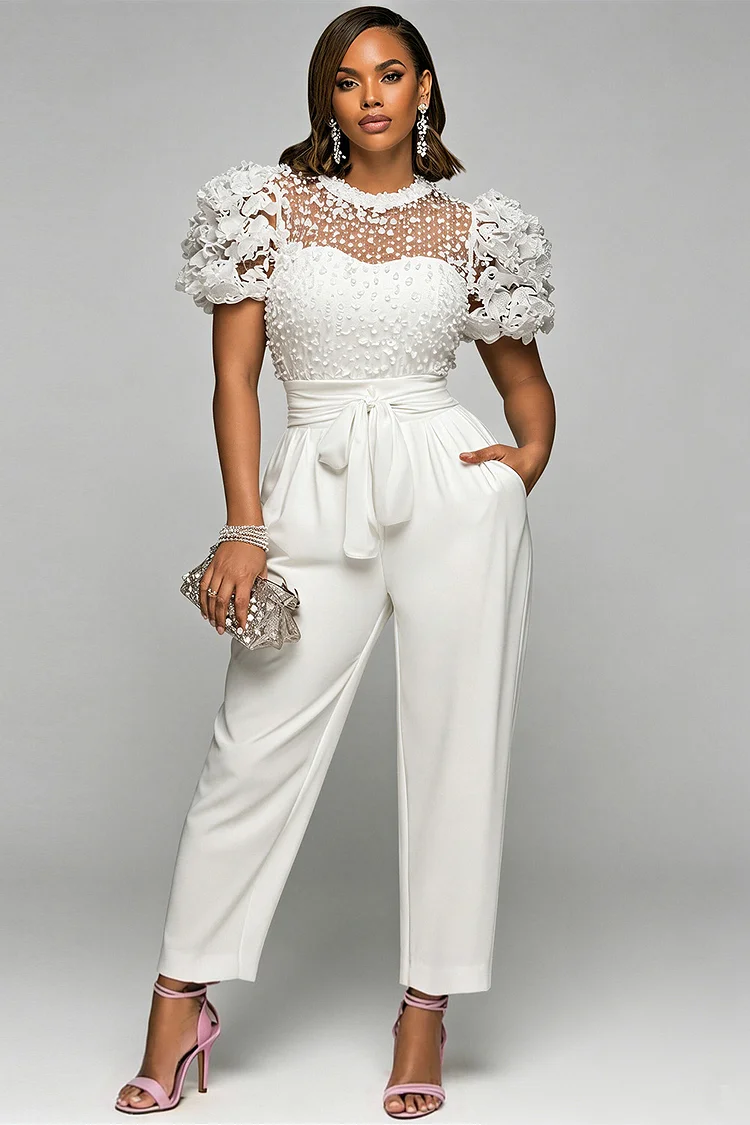 Xpluswear Design Plus Size Formal Elegant White Round Neck Puff Sleeve Short Sleeve Pocket Contrast Jumpsuits [Pre-Order] 2024 - Xpluswear