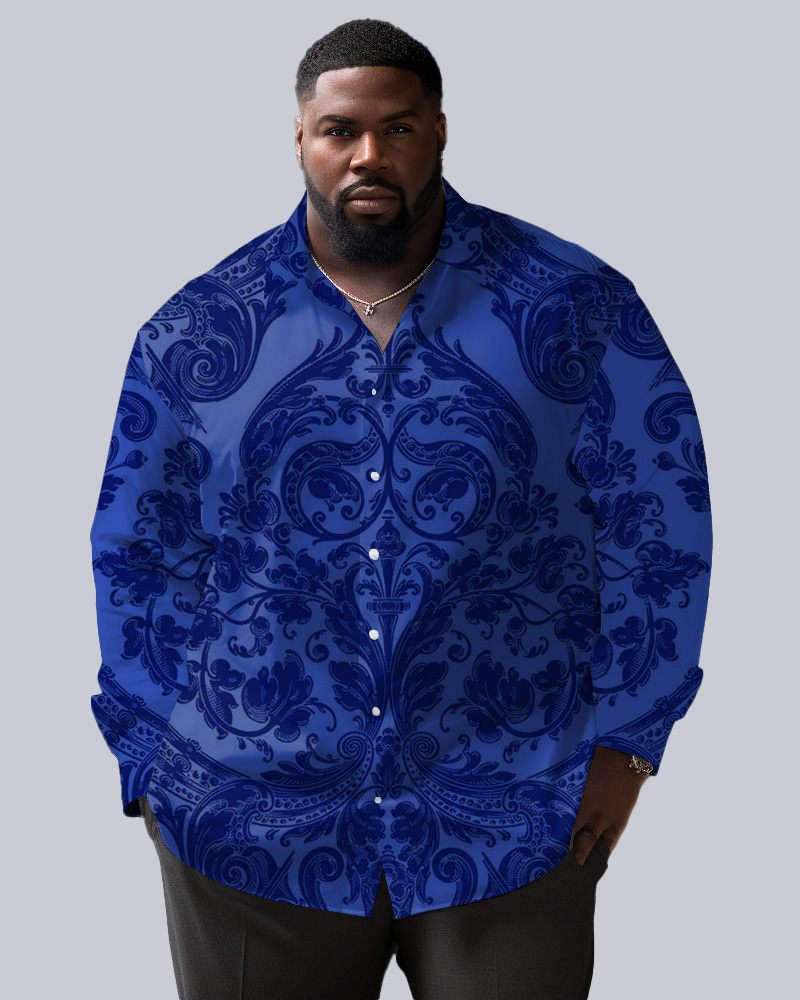 Blue High-end Baroque Pattern Jacquard Business Shirt Lapel Long Sleeve Shirt Men's Plus Size