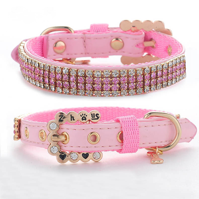 Pink Crystal Rhinestones PU Leather Cat Dog Pet Collars-VESSFUL