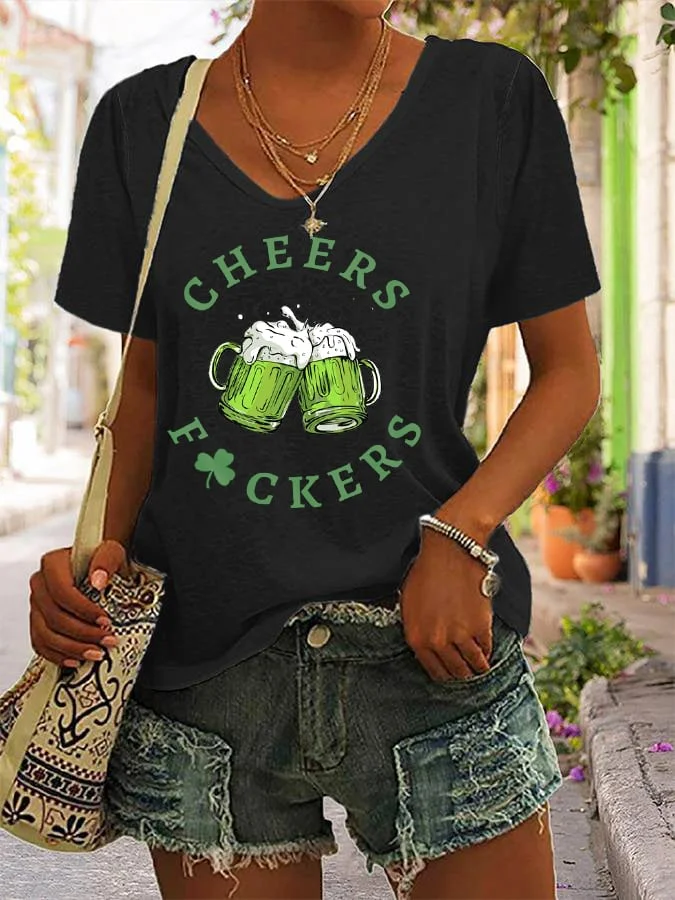 Women's St. Patrick's Day Funny Cheers Fuckers V-Neck Tee  socialshop