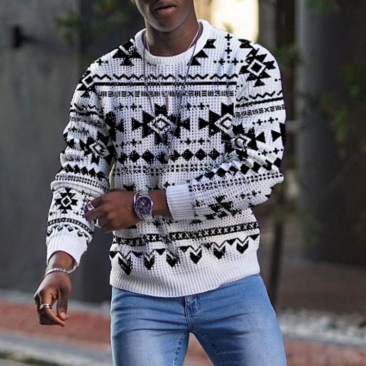Retro western pattern round neck men's top