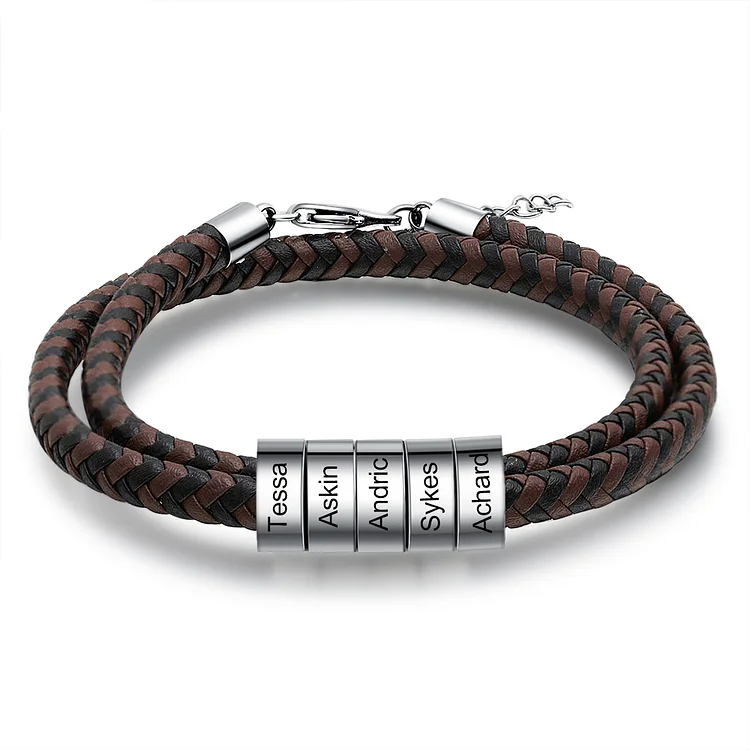 Men Leather Bracelet with Beads Engraved 5 Names Gifts for Him