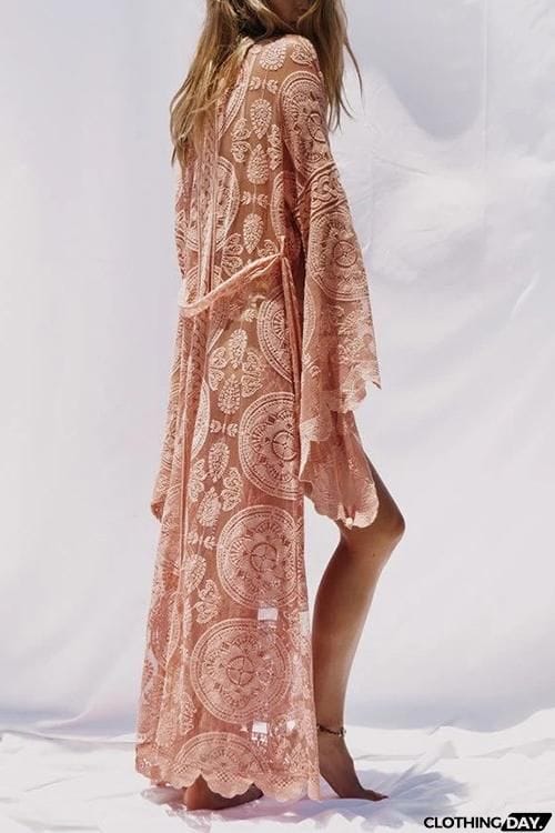 Flares Sleeve Lace Long Cover Up With Belted