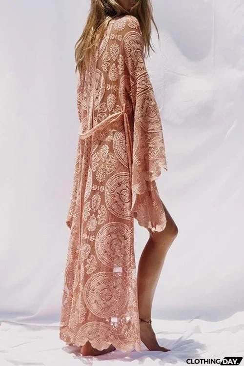 Flares Sleeve Lace Long Cover Up With Belted