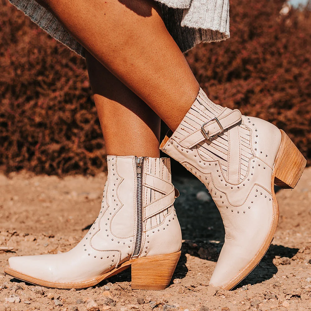 Beige Block Heel Studded Booties Vintage Snip Toe Western Boots Nicepairs