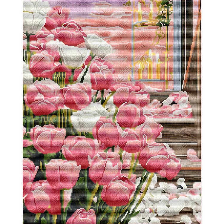 【Mona Lisa Brand】Flower Candlelight Tulips 11CT Stamped Cotton/Silk Cross Stitch 53*66CM