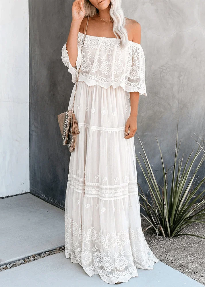 Elegant White Slash Neck Wrinkled Patchwork Lace Dress Summer
