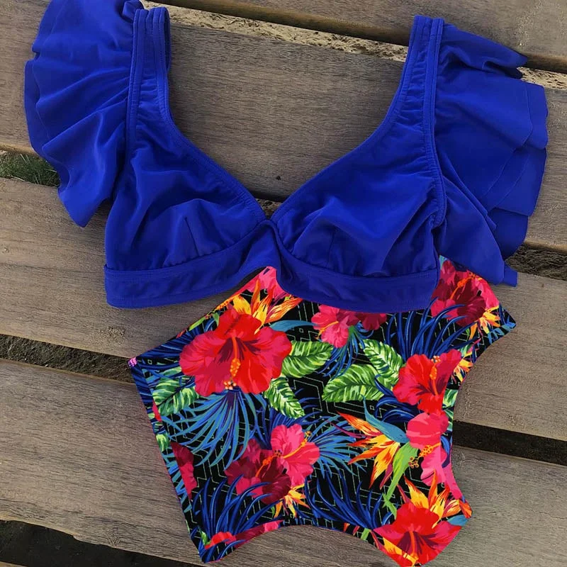 Girl Beach Bathing Suit Swimwear Biquinis Floral Ruffled Hem Bikini Set Women Flora V-neck High-waisted Two Piece Swimsuit