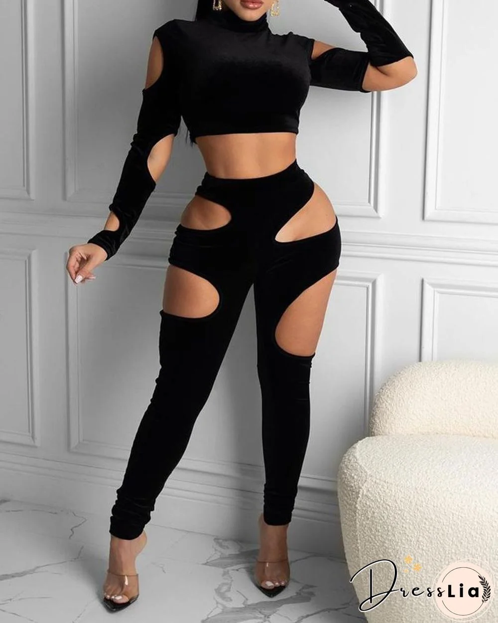 Cutout Plain Skinny Top & Pants Set