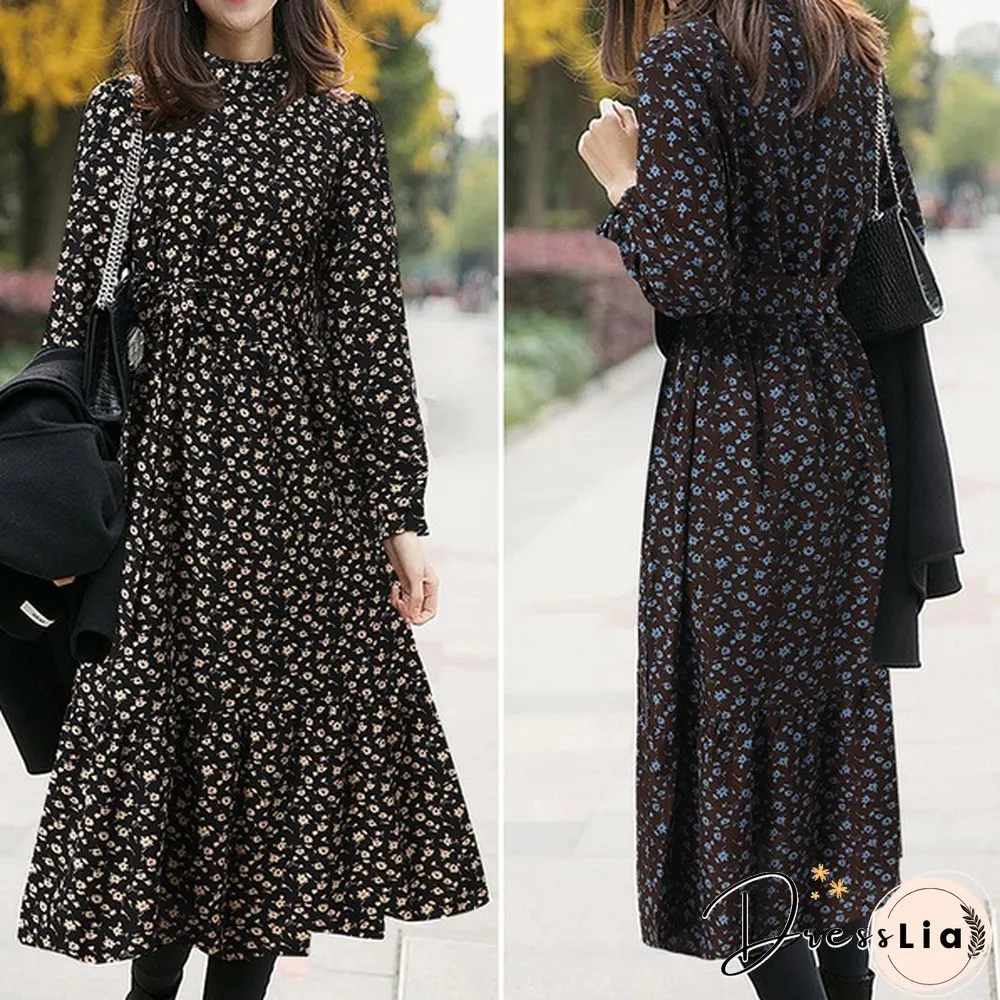Womens Spring Casual Belt Full Sleeved Kaftan Floral Printed A-Line Party Ruffle Hem Long