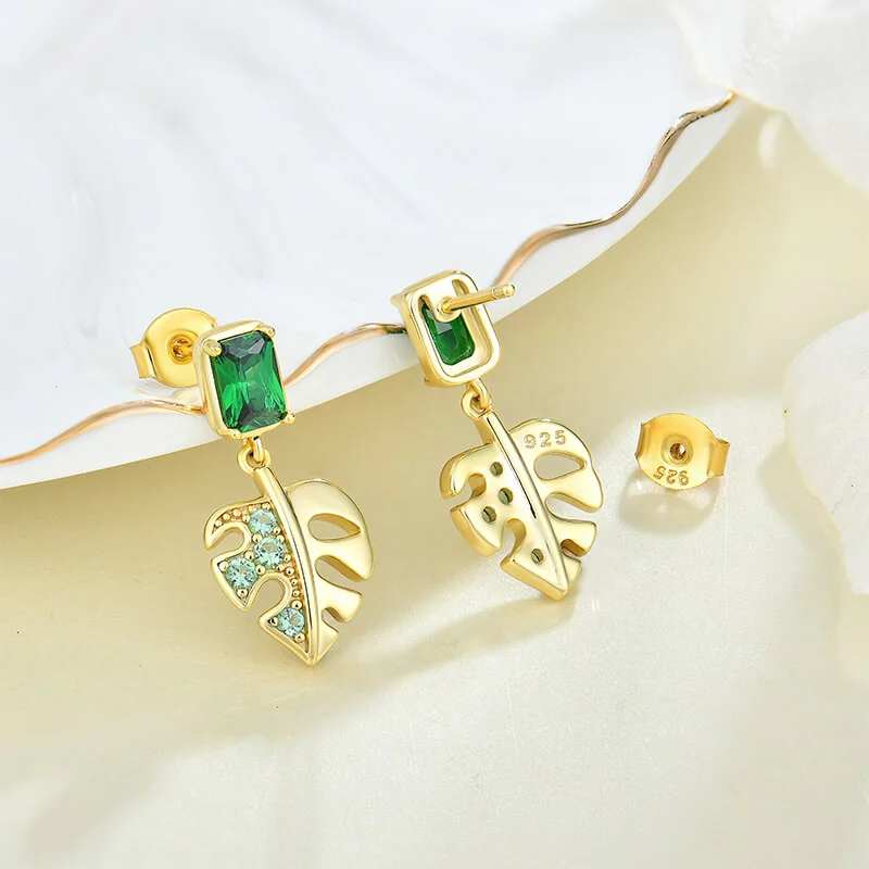 Mewaii® Sterling Silver Earring Green Zircon Leaf Shape Earring Silver Jewelry S925 Sterling Silver Earring