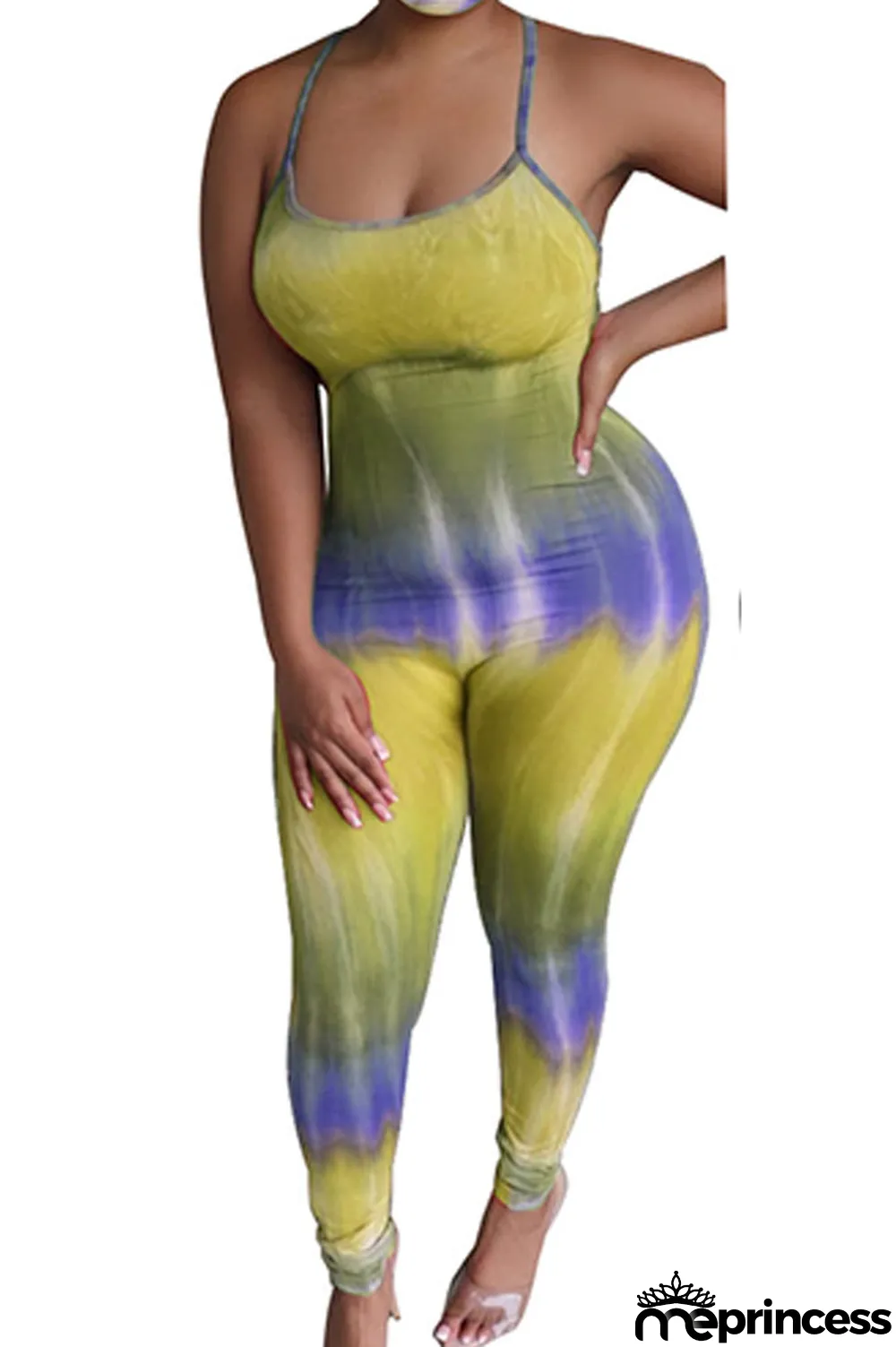 Blue Fashion Sexy Tie-dyed Sleeveless Slip Jumpsuits