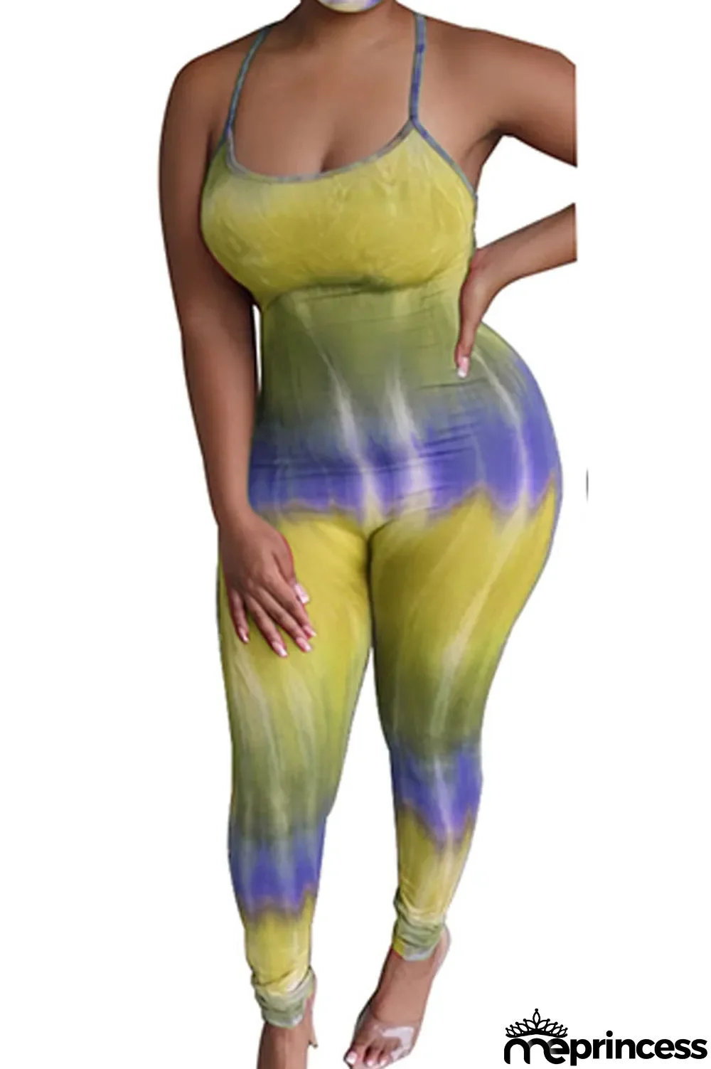 Blue Fashion Sexy Tie-dyed Sleeveless Slip Jumpsuits