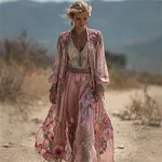 Vintage Boho Pink Floral Flowy Long Linen Cardigan - Image 2