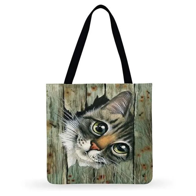 Linen Eco-friendly Tote Bag - Cute Cat