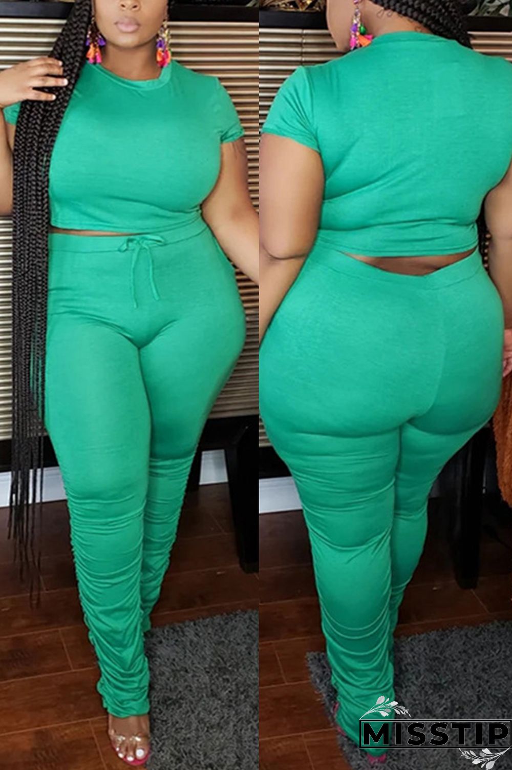 Green Fashion Casual Trousers Plus Size Two-piece Set