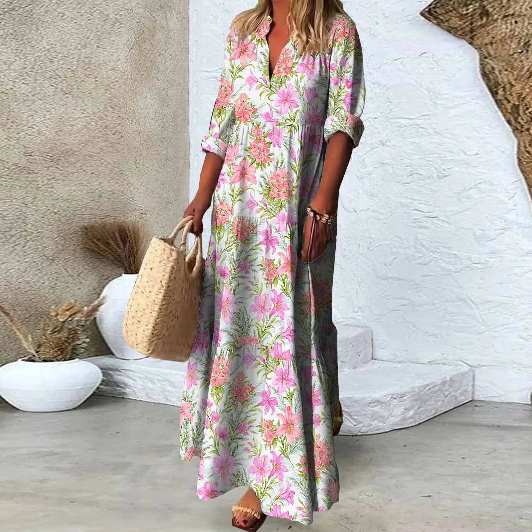 Women Floral, Pink, Purple DZDN0487 SPU Printed Long Sleeve V-neck Maxi Dress