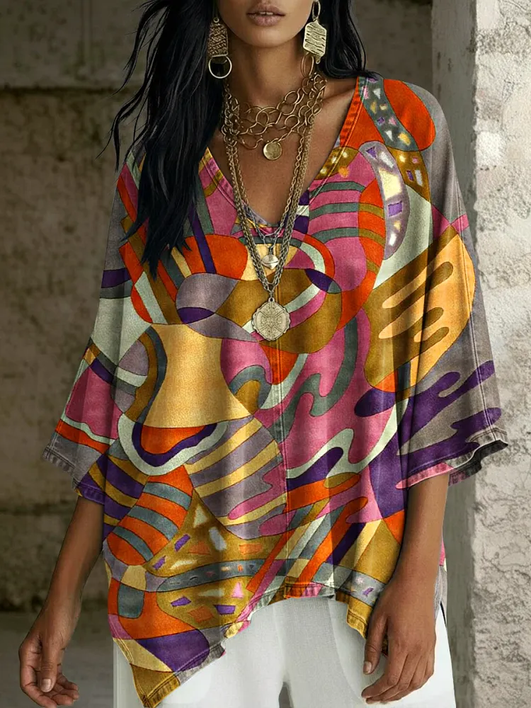Women's Fashion Geometric Stripes Print V-neck Loose Shirt
