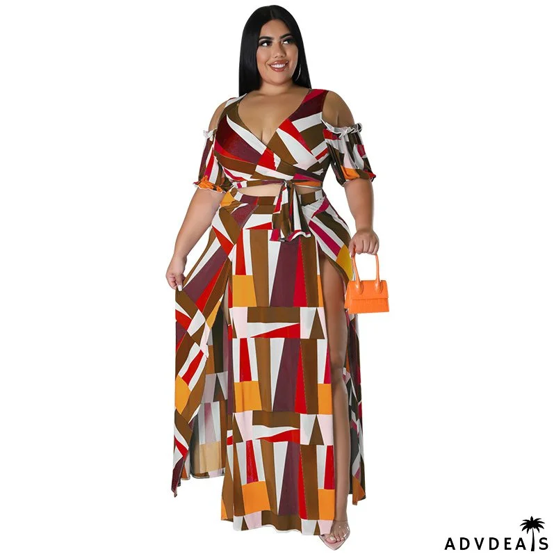 Plus Size Women's Summer Off-the-shoulder V-Neck Fashion Two-Piece Split Swing Skirt Set