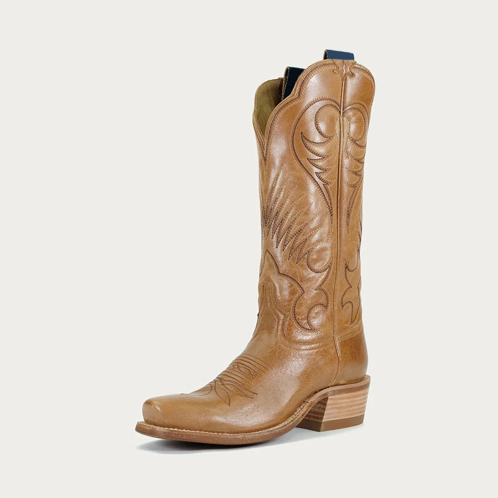 Tan Square Toe Stacked Heel Cowgirl Mid-Calf Boots with Embroidery