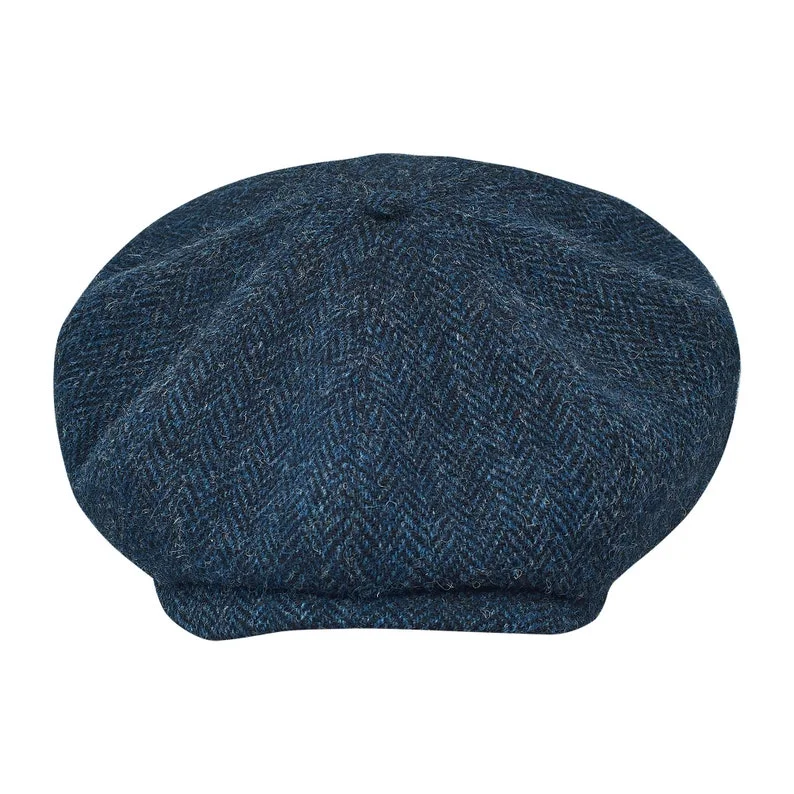 PEAKED CAPS Genuine Scottish Harris Tweed 8 Panels Newsboy Cap Apple Bandit Hooligan Blinder Hat Shelby Wool Large Crown BLUE-bLACK