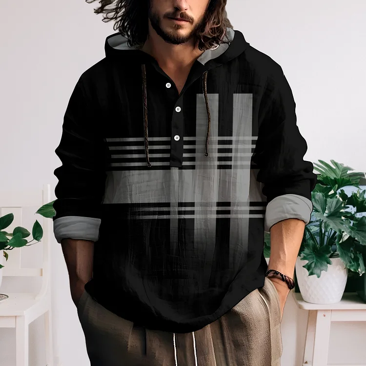 Men's Black Hooded Half Open  Made Of Linen Fabric Sweatershirt