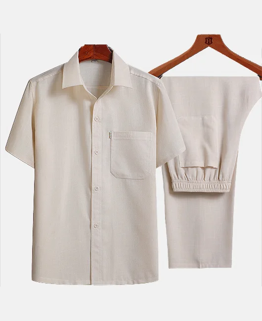 Linen Chest Pocket Elastic Waist Shirt & Pant 2Pcs Set 