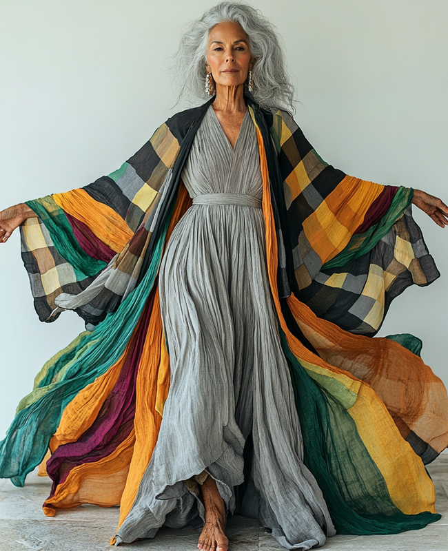 Spring loose color contrast swing dress + kimono  a5cb