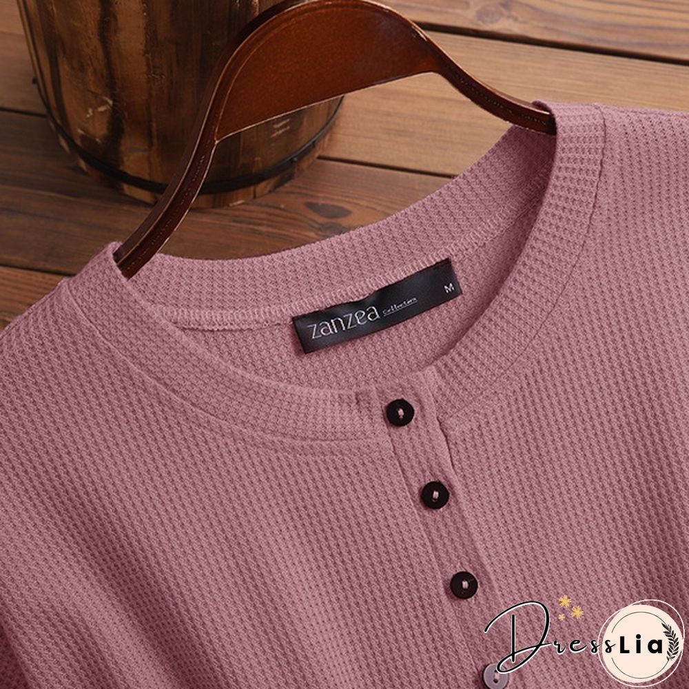 ZANZEA Women Long Sleeve Henley Waffle Top Spring Autumn Casual Slim Blouse