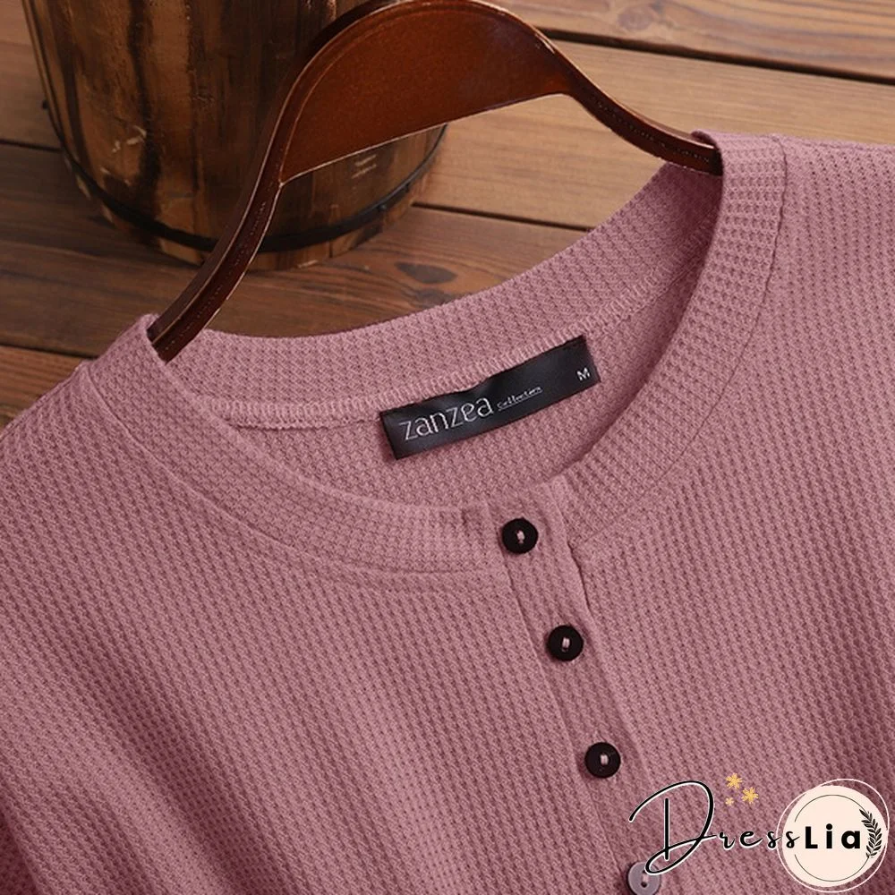 ZANZEA Women Long Sleeve Henley Waffle Top Spring Autumn Casual Slim Blouse