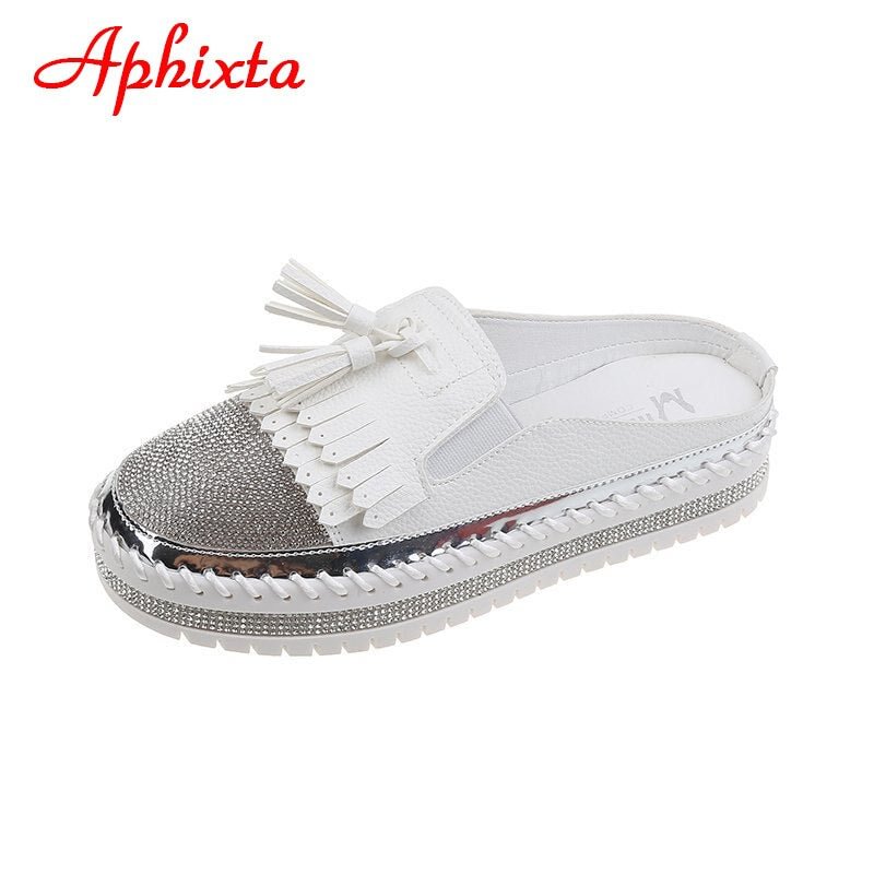 Aphixta 2021 New Flat Platform Fringe Half Slippers Women Summer Pink Luxury Crystals Round Toe Shoes Slides Plus Size 42 43