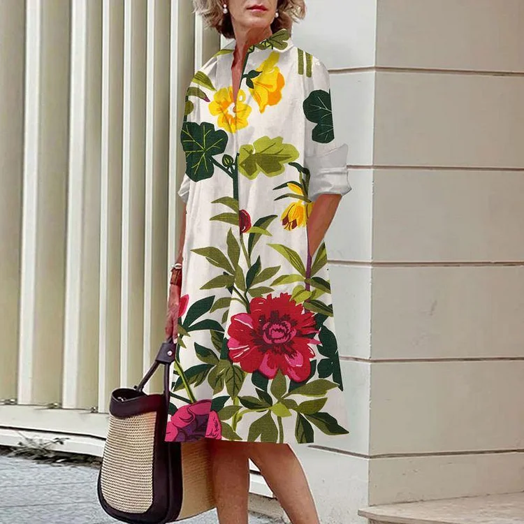 Stylish casual vintage floral commuter lapel shirt dress