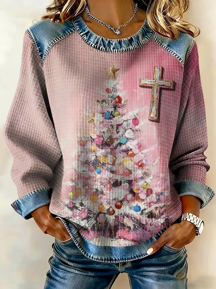 Women's Faith Cross Christmas Tree Print Casual Sweatshirt elevenforest