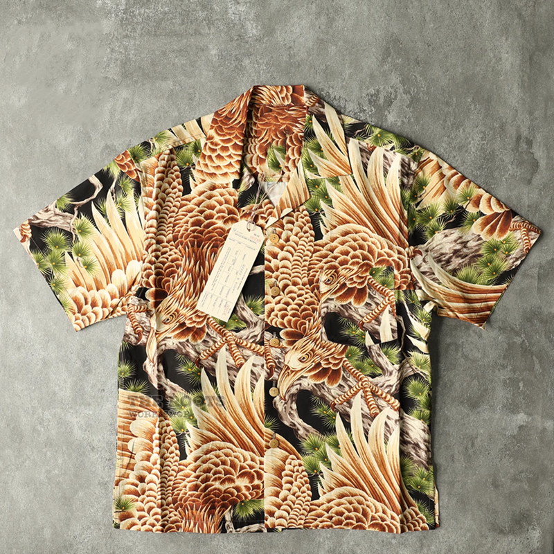 Men's Vintage Pine Eagle Natural Bamboo Button Hawaiian Shirt