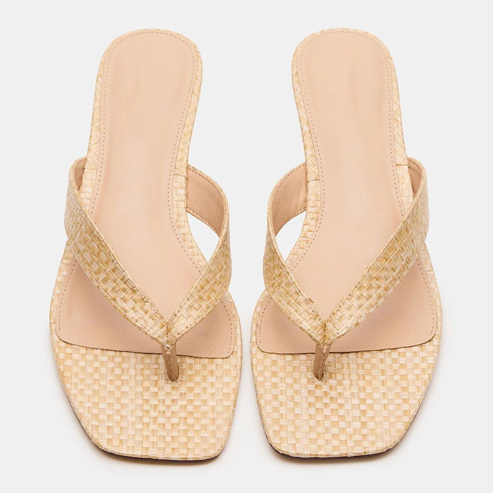 YDN Beige Raffia Kitten Heel Open Square Toe Slides for Women
