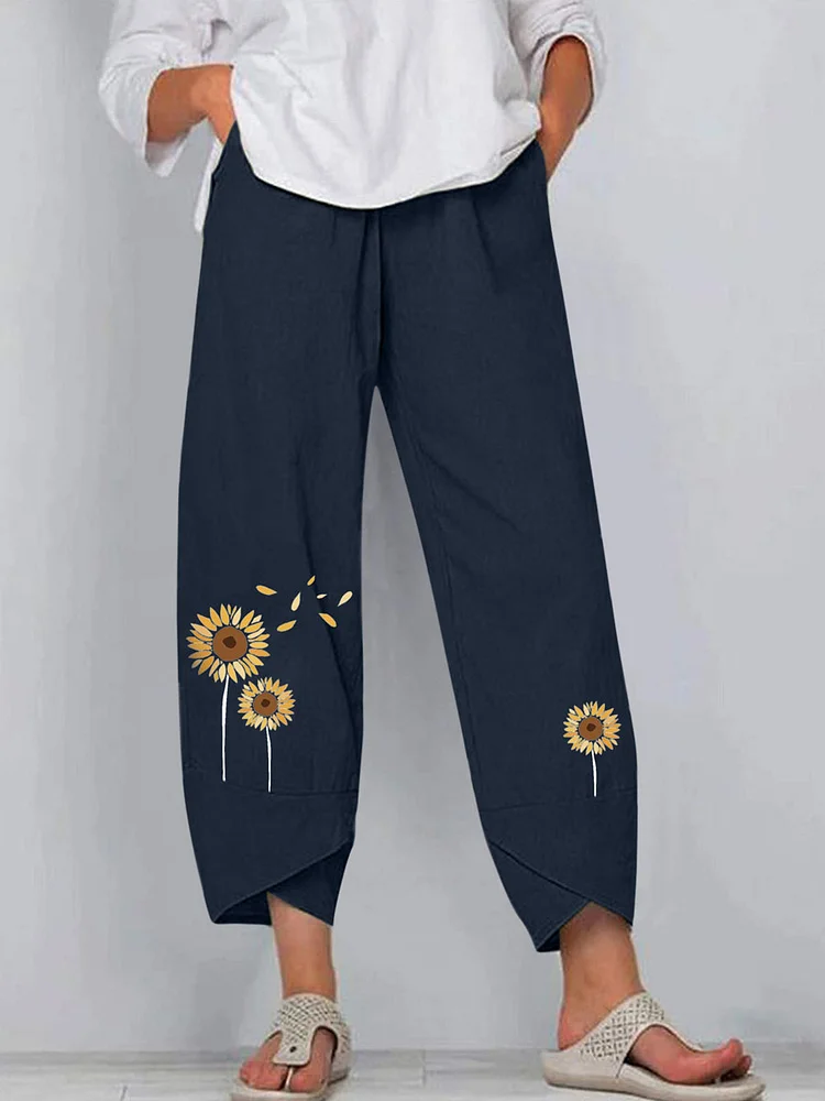 Elastic Waist Loose Casual Sunflower Printed Pants