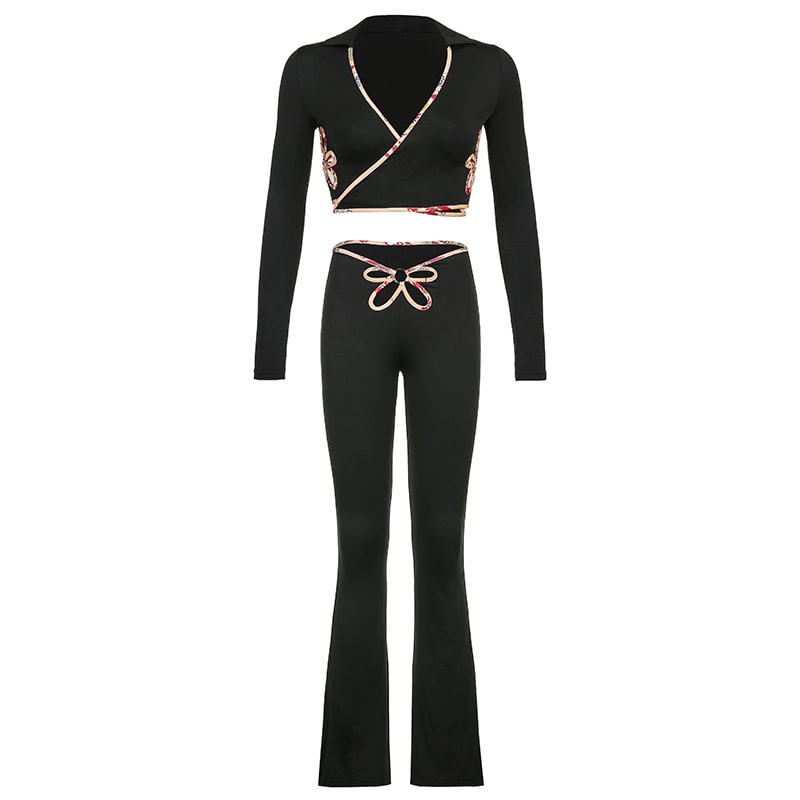 Brownm BIIKPIIK Hollow Out Flowers Skinny Two Piece Sets Casual Lounge Wear Long Sleeve Autumn Black Sportwear Female Elegant Suits