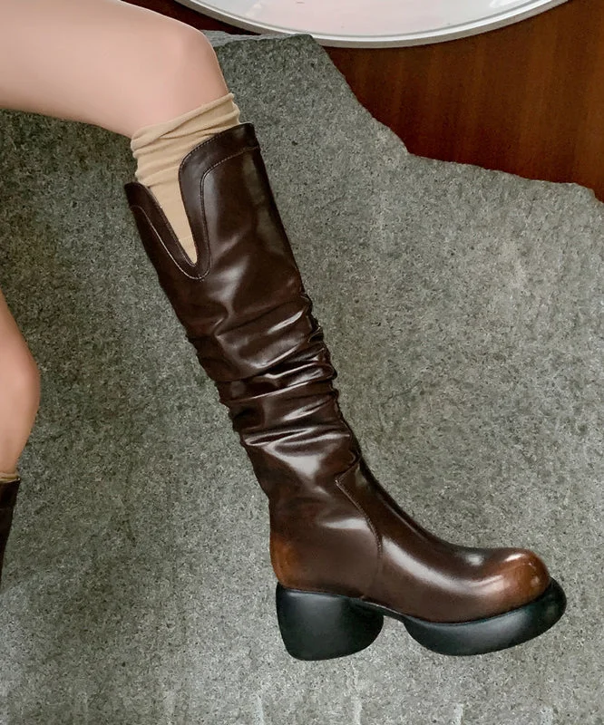 Fashion Chunky High Boots Brown Cowhide Leather Wrinkled