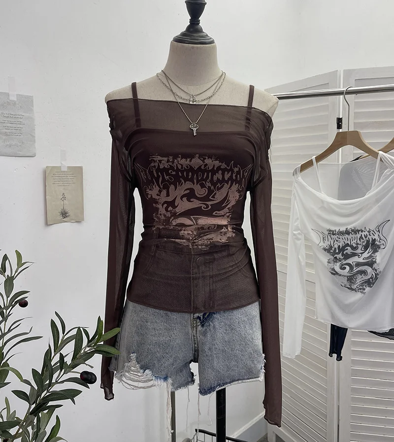 Churchf Real Shooting Spice Girls Shoulder Mesh Sun Hooded Sling Sling Long-Sleeved T-Shirt Top Two Sets Of Women 8862