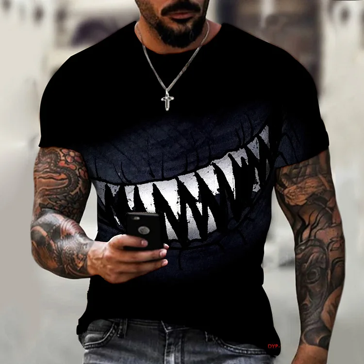 Evil Sharp Teeth Print Casual Black T-Shirts for Men at Hiphopee
