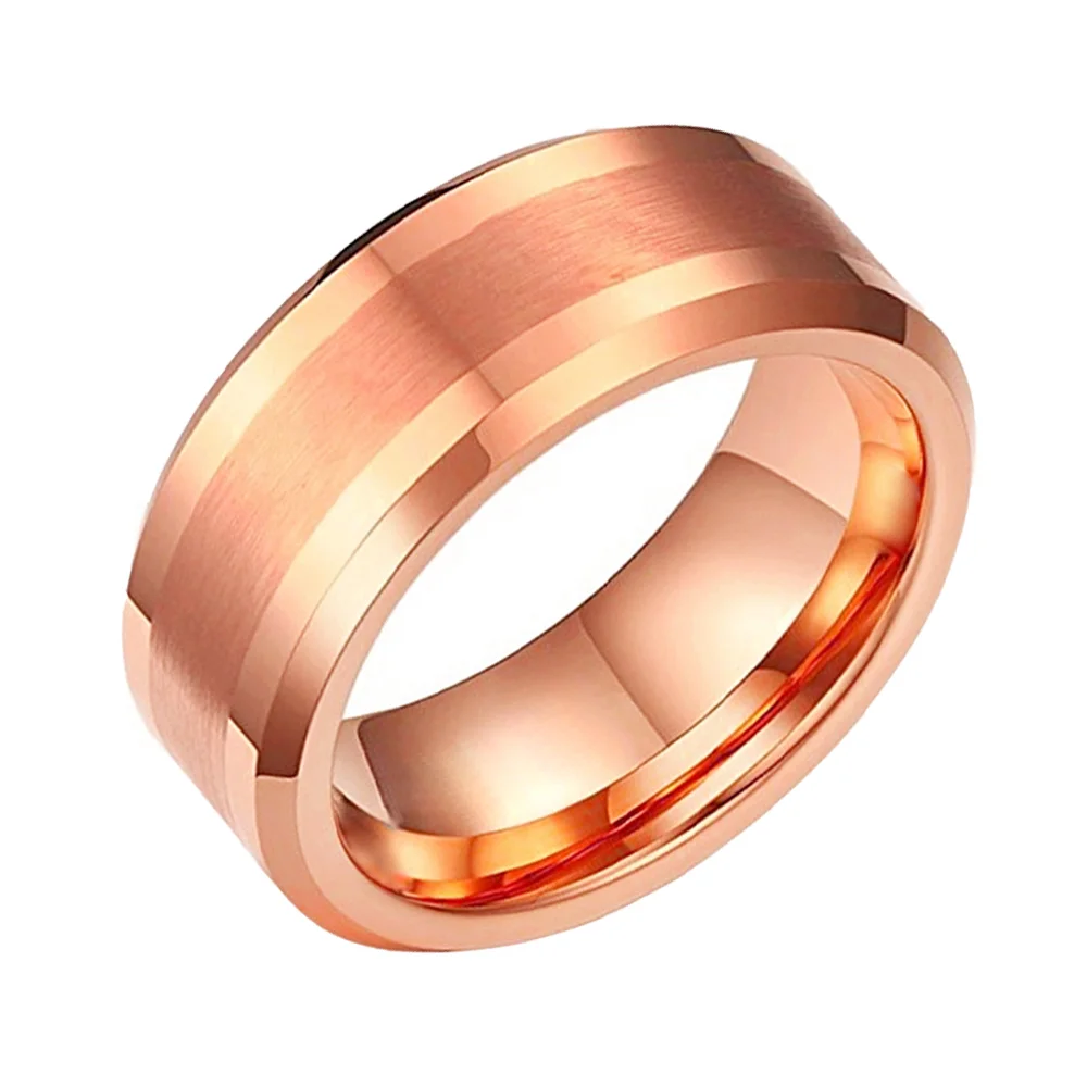 8MM Rose Gold Center Brushed Tungsten Carbide Men Rings Polished Bevel Edge