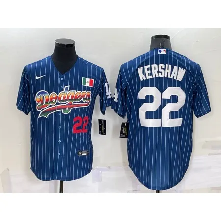 Men's Los Angeles Dodgers #22 Clayton Kershaw Navy Mexico Rainbow Cool Base Stitched Baseball Jersey BV72