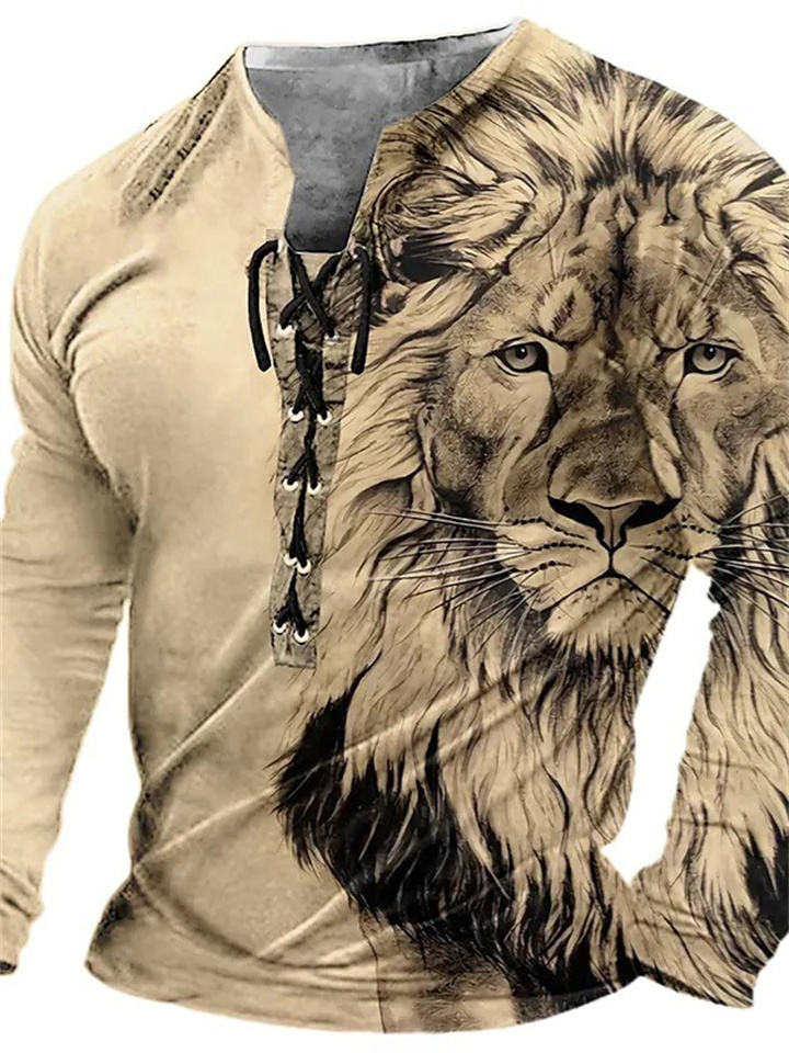 Men's T Shirt Tee Tee Graphic Lion Collar Clothing Apparel 3D Print Casual Daily Long Sleeve Lace Up Print Fashion Designer Comfortable