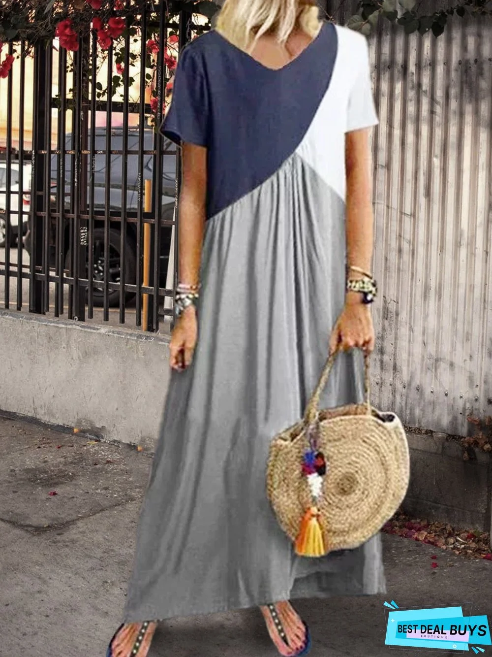 Color Block V Neck Maxi Dress